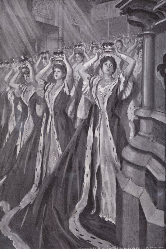 Vrouwen van adel zetten hun kronen op bij de kroning van koningin Alexandra, gemalin van koning Edward VII, Westminster Abbey, Londen door Edmund Joseph (after) Sullivan