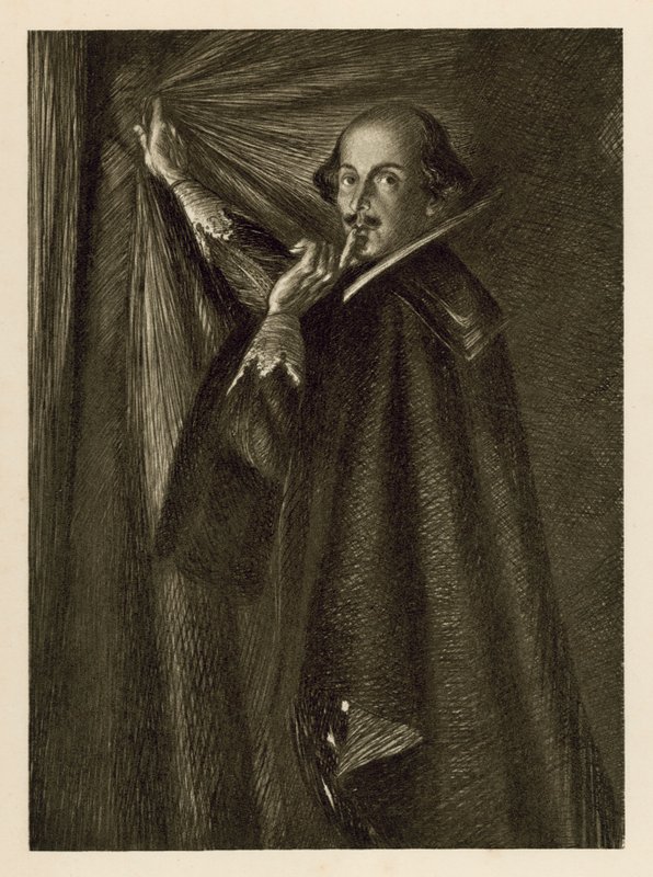 William Shakespeare houdt het gordijn vast en zegt ons stil te zijn door Edmund Joseph Sullivan