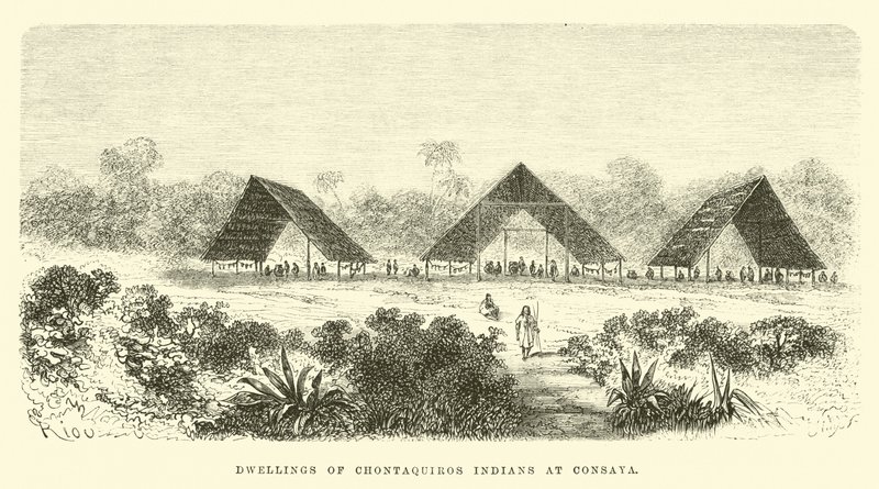 Woningen van Chontaquiros Indianen bij Consaya door Edouard Riou