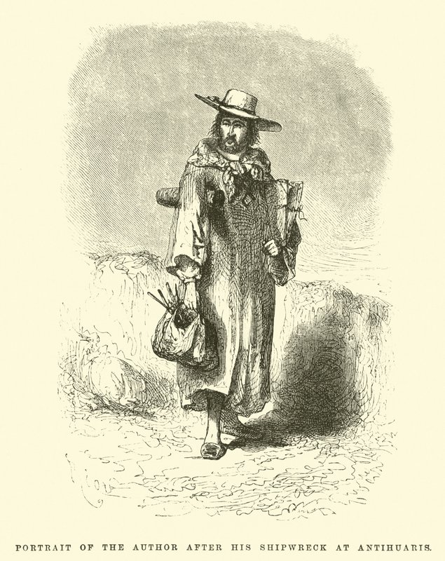 Portret van de auteur na zijn schipbreuk bij Antihuaris door Edouard Riou