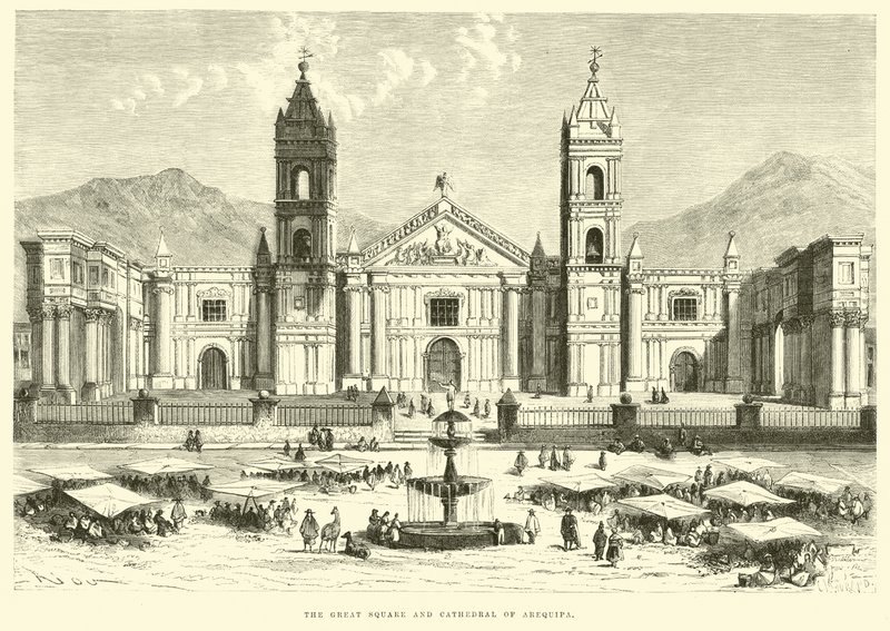 Het grote plein en de kathedraal van Arequipa door Edouard Riou