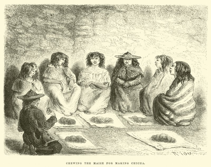 Het kauwen van maïs voor het maken van Chicha (gravure) door Edouard (after) Riou