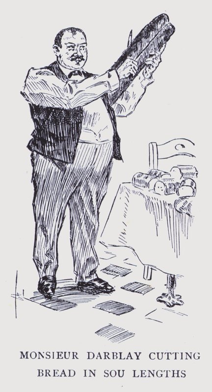Boheems Parijs: Monsieur Darblay snijdt brood in soepen (litho) door Edouard Alfred (1875 1954) Cucuel
