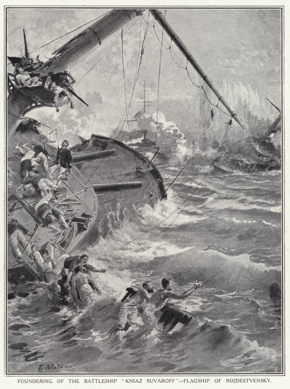 Het zinken van het slagschip Kniaz Suvaroff, vlaggenschip van Rojdestvensky door Edouardo Matania
