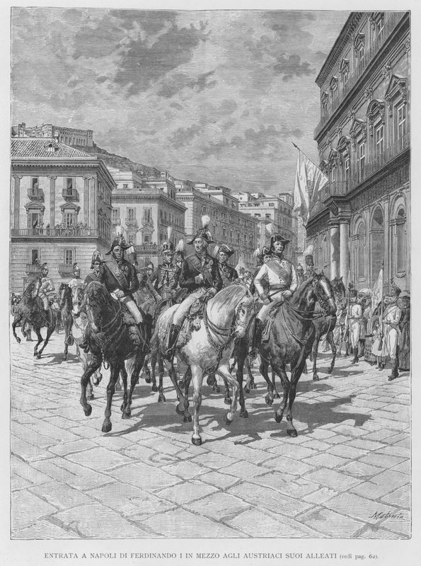 Intocht in Napels van Ferdinand I te midden van zijn Oostenrijkse Bondgenoten (gravure) door Edouardo Matania