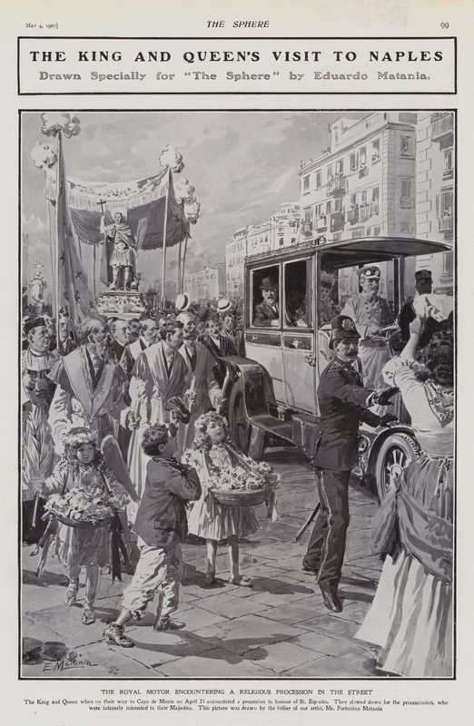 Koning Edward VII en Koningin Alexandra ontmoeten een religieuze processie op straat tijdens hun bezoek aan Napels, Italië door Edouardo Matania