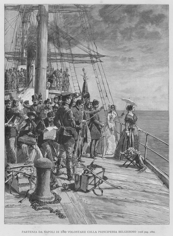 Vertrek uit Napels van 180 Vrijwilligers met Prinses Belgioioso (gravure) door Edouardo Matania
