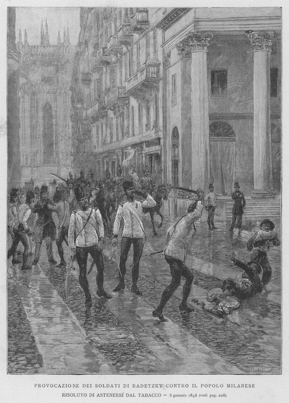 Provocatie van de soldaten van Radetzky tegen het Milanese volk dat vastbesloten was om van tabak af te zien, 3 januari 1848 door Edouardo Matania