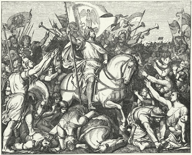 Hendrik de Vogelaar, koning van Oost-Francië, na zijn overwinning op de Magyaren bij de Slag bij Riade, 933 door Eduard Bendemann