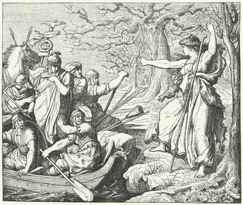 De Romeinse generaal Nero Claudius Drusus aan de rivier de Elbe, 9 v.Chr. door Eduard Bendemann