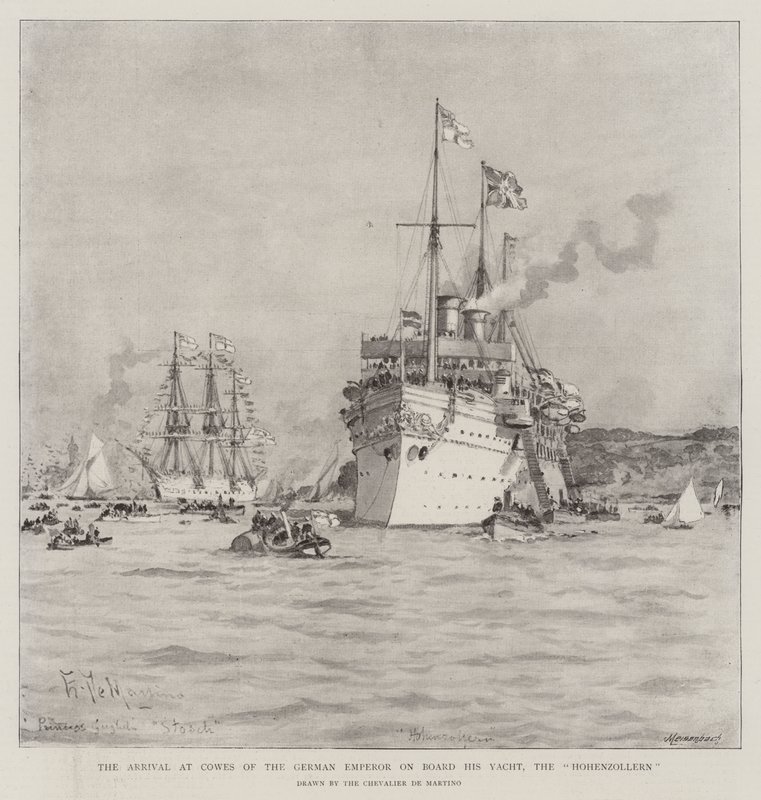 De aankomst in Cowes van de Duitse keizer aan boord van zijn jacht, de Hohenzollern door Eduardo de Martino