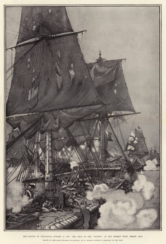 De Slag bij Trafalgar, 21 oktober 1805, het dek van de Victory op het moment dat Nelson viel door Eduardo de Martino