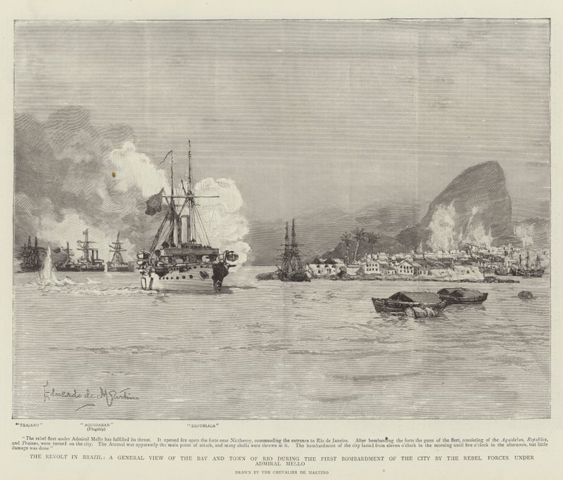 De opstand in Brazilië, een algemeen beeld van de baai en stad Rio tijdens het eerste bombardement van de stad door de rebellen onder admiraal Mello door Eduardo de Martino