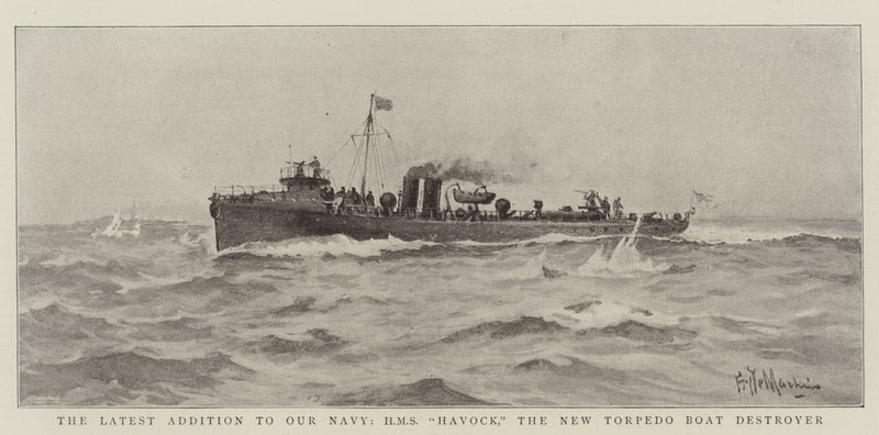 De nieuwste toevoeging aan onze marine, HMS Havock, de nieuwe torpedobootjager door Eduardo de Martino