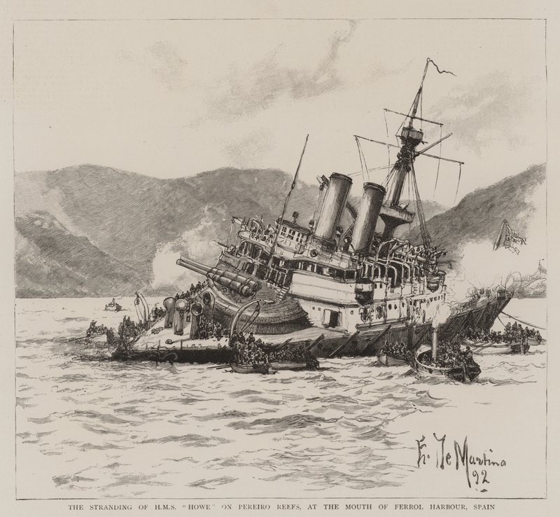 Het stranden van HMS Howe op de Pereiro-riffen, bij de monding van de haven van Ferrol, Spanje door Eduardo de Martino