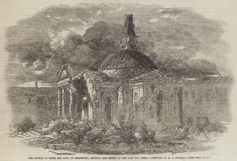 De kerk van Petrus en Paulus in Sebastopol, met de effecten van schoten en granaten door Edward Angelo Goodall