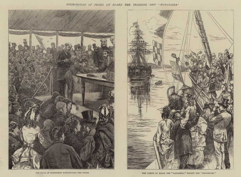 Prijsuitreiking aan boord van het opleidingsschip Worcester door Edward Frederick Brewtnall