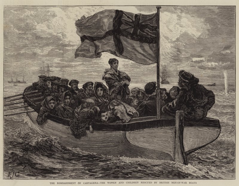 Het bombardement van Cartagena, de vrouwen en kinderen gered door Britse oorlogsschepen door Edward John Gregory
