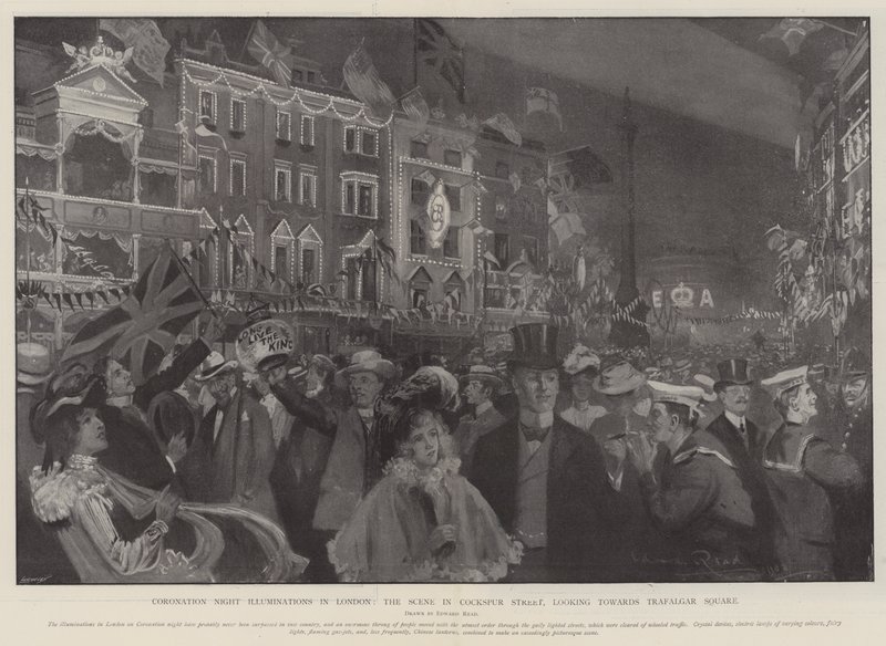 Kroningsnacht Verlichtingen in Londen, het tafereel in Cockspur Street, kijkend naar Trafalgar Square door Edward Read