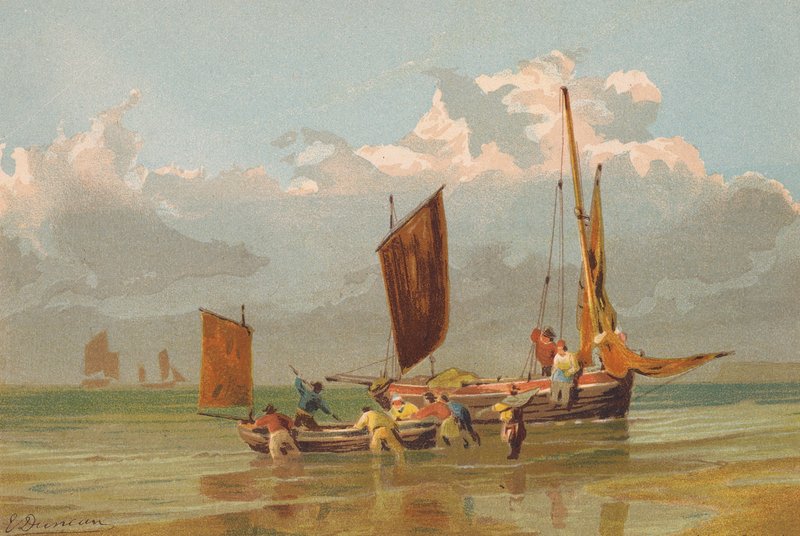 Vissersboten gaan uit, bij Norfolk door Edward (after) Duncan