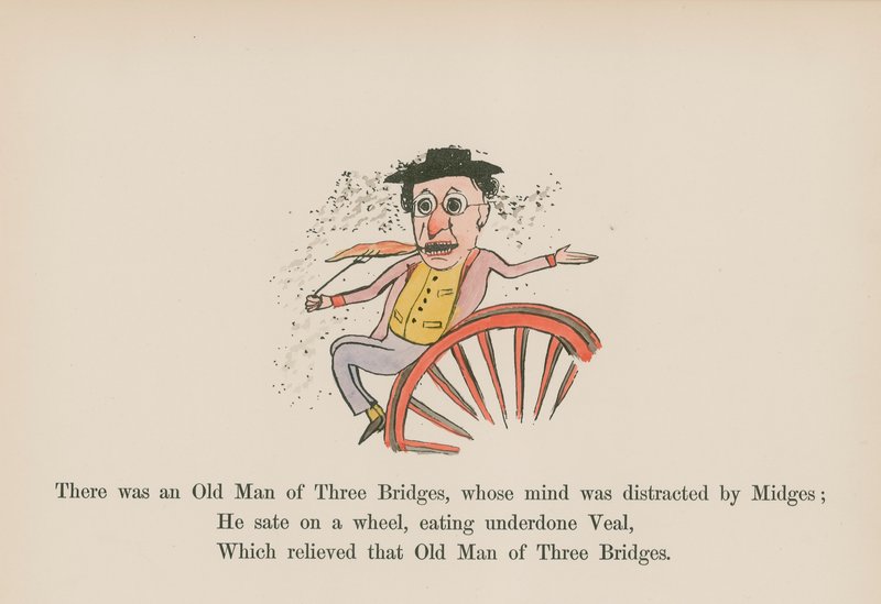 Er was een oude man van Three Bridges, wiens geest werd afgeleid door muggen (gekleurde gravure) door Edward (after) Lear