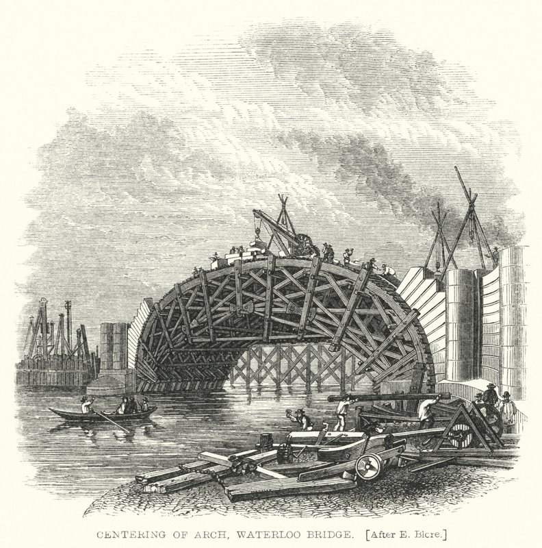 Centreren van Boog, Waterloo Brug (gravure) door Edward Blore