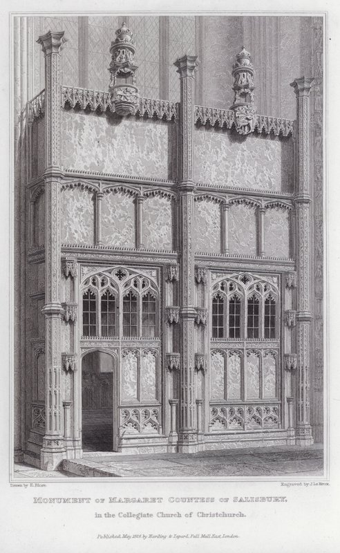 Monument van Margaret Gravin van Salisbury, in de Collegiale Kerk van Christchurch (gravure) door Edward Blore