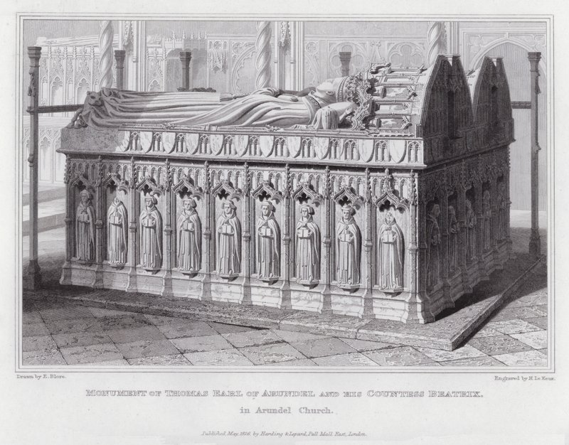Monument van Thomas Graaf van Arundel en zijn Gravin Beatrix, in de kerk van Arundel (gravure) door Edward Blore