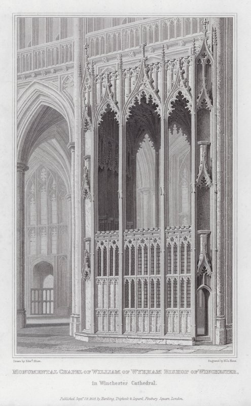 Monumentale Kapel van Willem van Wykham Bisschop van Winchester, in de Kathedraal van Winchester (gravure) door Edward Blore