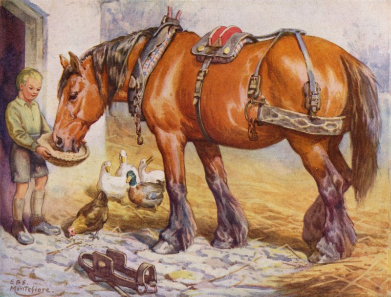 Jongen die een paard voedt op een boerenerf door Edward Brice Montefiore