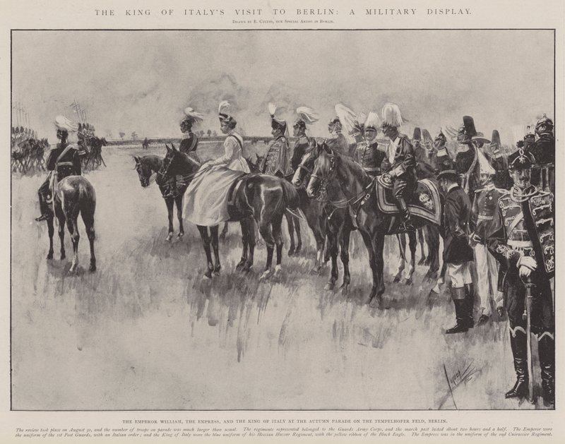 Het bezoek van de koning van Italië aan Berlijn, een militaire vertoning (gravure) door Edward Cucuel