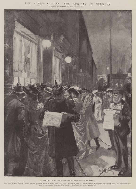 De ziekte van de koning, de angst in Duitsland (litho) door Edward Cucuel
