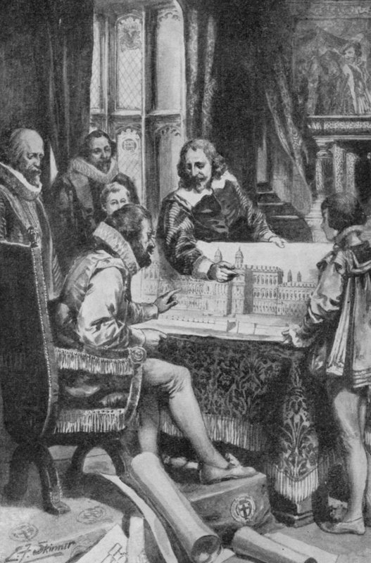 Inigo Jones toont zijn plannen voor de herbouw van Whitehall aan Koning James I door Edward Frederick Skinner