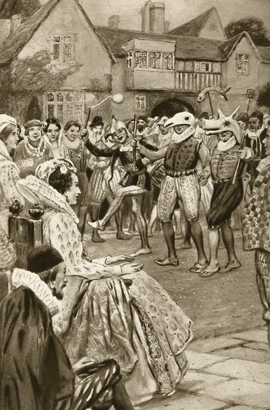 Koningin Elizabeth I vermaakt door narren door Edward Frederick Skinner