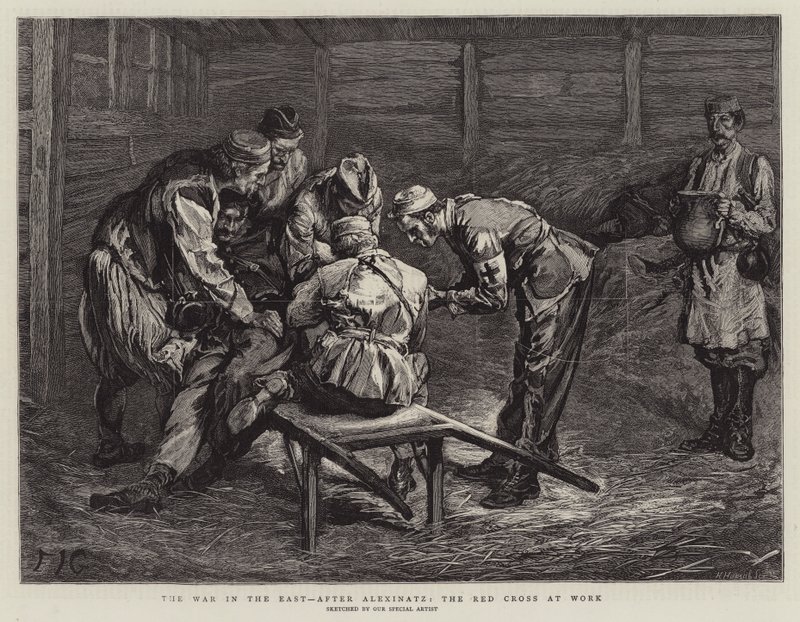 De Oorlog in het Oosten, na Alexinatz, het Rode Kruis aan het Werk door Edward John Gregory