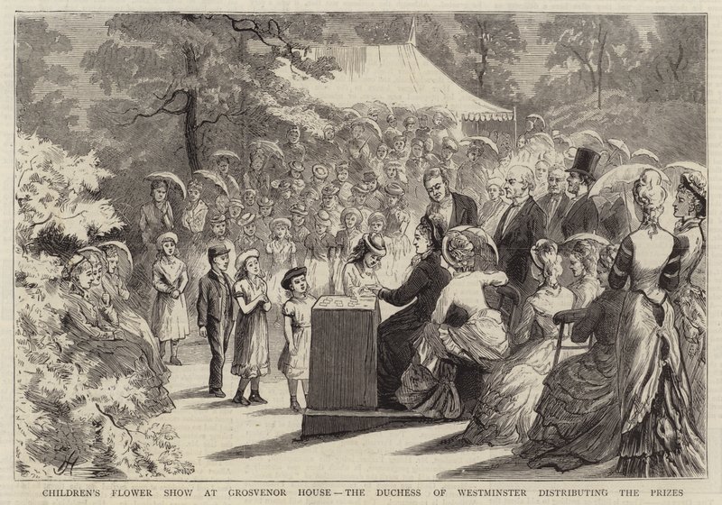 Kinderbloemenshow in Grosvenor House, de hertogin van Westminster deelt de prijzen uit door Edward Killingworth Johnson
