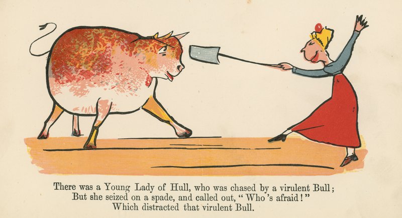 Er was een jonge dame uit Hull, die werd achtervolgd door een virulente stier, uit 