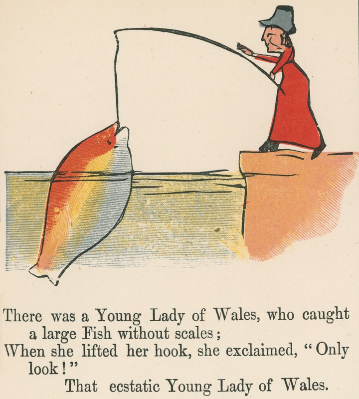 Er was een Jonge Dame uit Wales, die een grote Vis zonder schubben ving, uit 