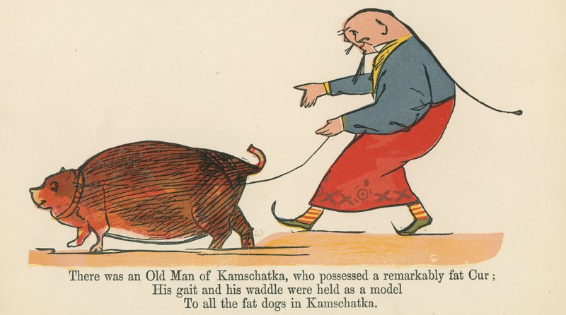 Er was een oude man van Kanschatka, die een opmerkelijk dikke hond bezat, uit 