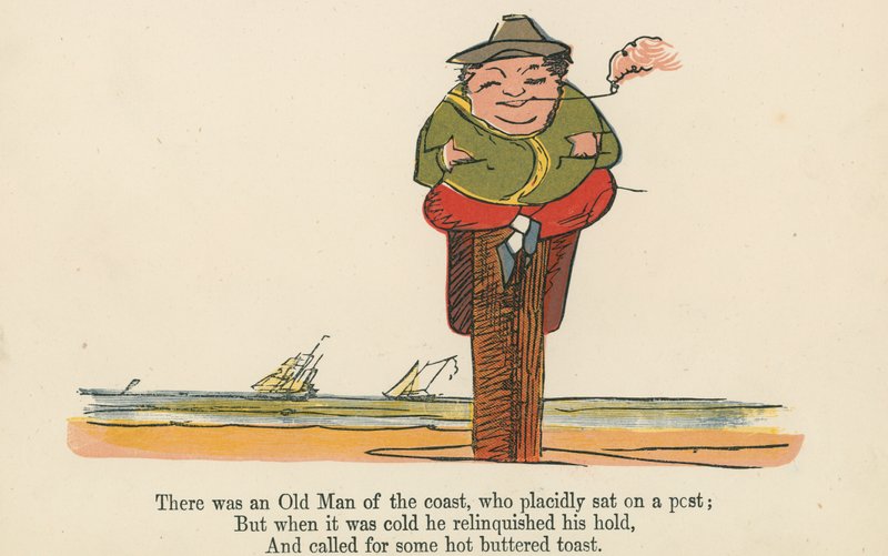Er was een oude man van de kust, die rustig op een paal zat, uit 