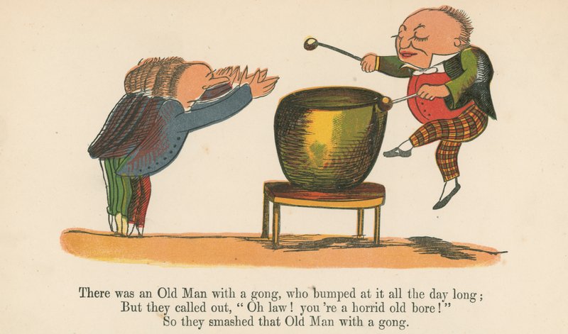 Er was een oude man met een gong, die er de hele dag op sloeg, uit 