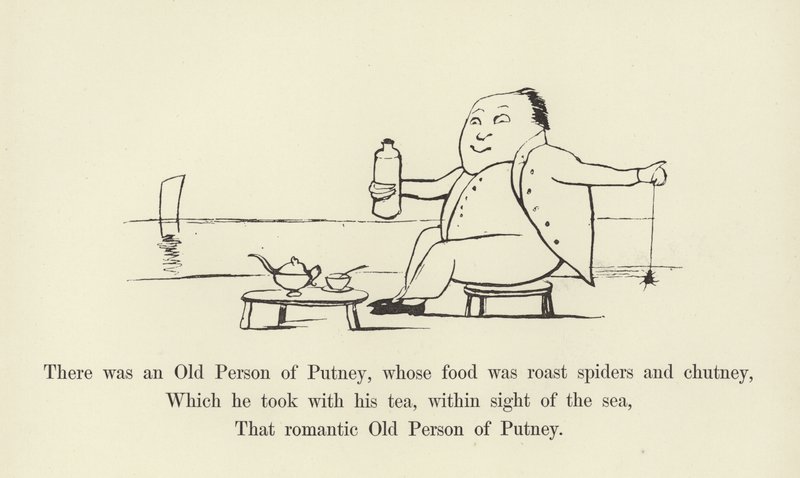 Er was een oude man uit Putney, wiens voedsel geroosterde spinnen en chutney was door Edward Lear