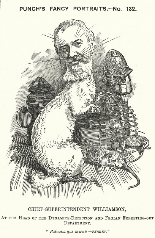 Punch cartoon: Adolphus Williamson, Britse politieagent en eerste hoofd van de Detective Branch van de Metropolitan Police door Edward Linley (after) Sambourne
