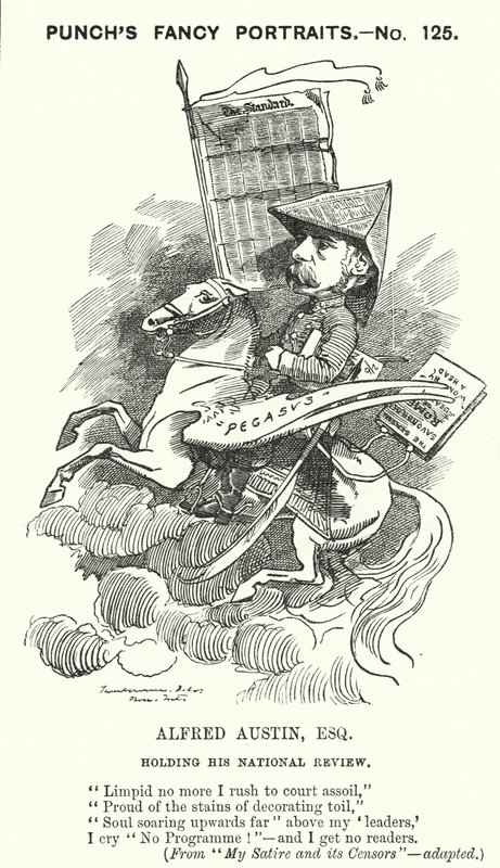 Punch cartoon: Alfred Austin, Engelse dichter en redacteur van de National Review (gravure) door Edward Linley (after) Sambourne