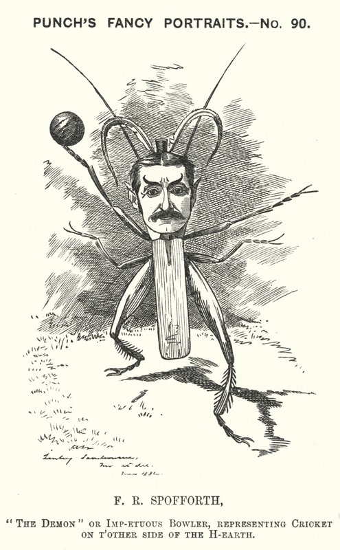 Punch cartoon: Fred Spofforth, Australische cricketspeler (gravure) door Edward Linley (after) Sambourne