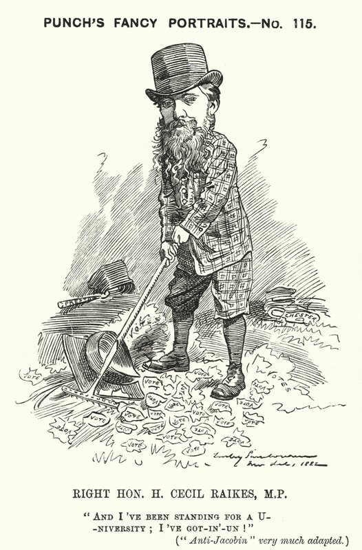 Punch cartoon: Henry Cecil Raikes, Engelse conservatieve politicus (gravure) door Edward Linley (after) Sambourne