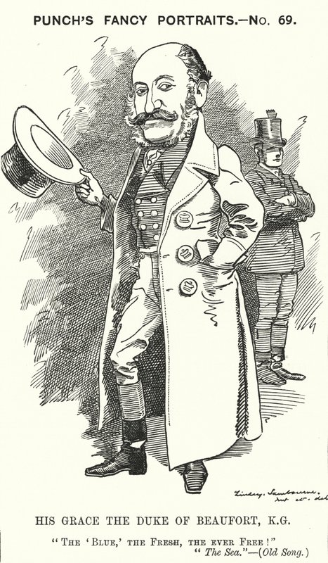 Punch cartoon: Henry Charles Fitzroy Somerset, 8e hertog van Beaufort, Engelse soldaat en conservatieve politicus door Edward Linley (after) Sambourne
