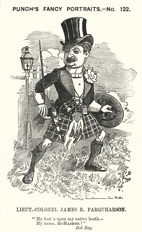 Punch cartoon: James Ross Farquharson, Schotse soldaat door Edward Linley (after) Sambourne