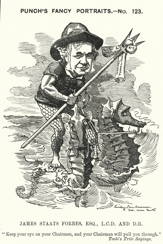 Punch cartoon: James Staats Forbes, Schotse spoorwegingenieur en beheerder (gravure) door Edward Linley (after) Sambourne