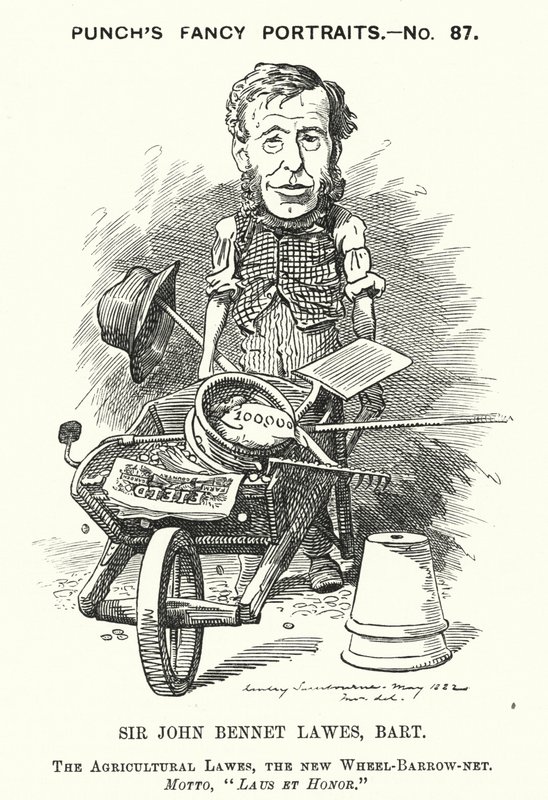 Punch cartoon: John Bennet Lawes, Engelse ondernemer en landbouwkundige (gravure) door Edward Linley (after) Sambourne
